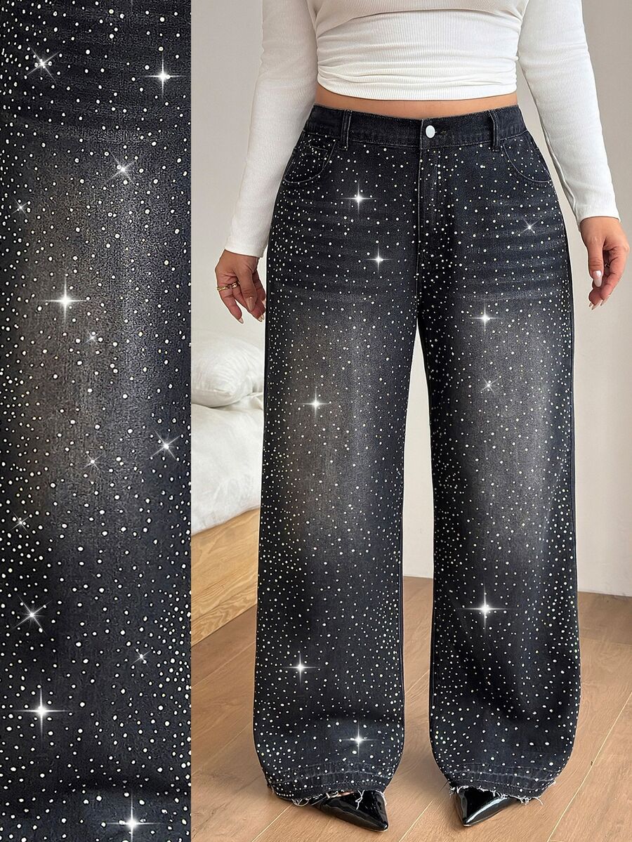 SHEIN PETITE CURVE Plus Size Fashion Rhinestone Button Pocket Loose Fit Denim Jeans - Black - View 1