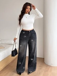 SHEIN PETITE CURVE 大尺碼時尚水鑽鈕扣口袋寬鬆牛仔褲 - 黑色 - 查看 3
