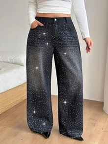 SHEIN PETITE CURVE 大尺碼時尚水鑽鈕扣口袋寬鬆牛仔褲 - 黑色 - 查看 4