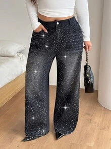 SHEIN PETITE CURVE 大尺碼時尚水鑽鈕扣口袋寬鬆牛仔褲 - 黑色 - 查看 7