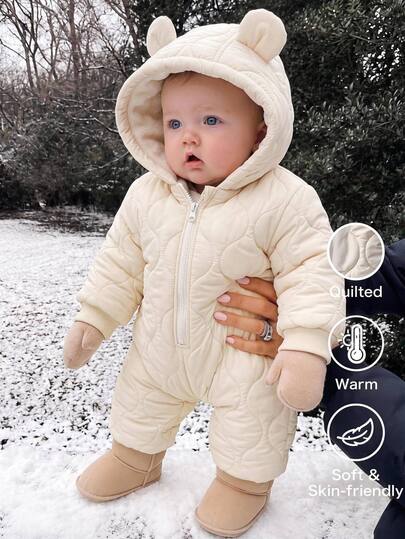 Bubblio Newborn Baby Boy Baby Girl Cute Autumn/Winter Thermal Lined Thick 3D Ear Hooded Jumpsuit Ski Suit Unisex Baby Clothes Baby Winter Clothes