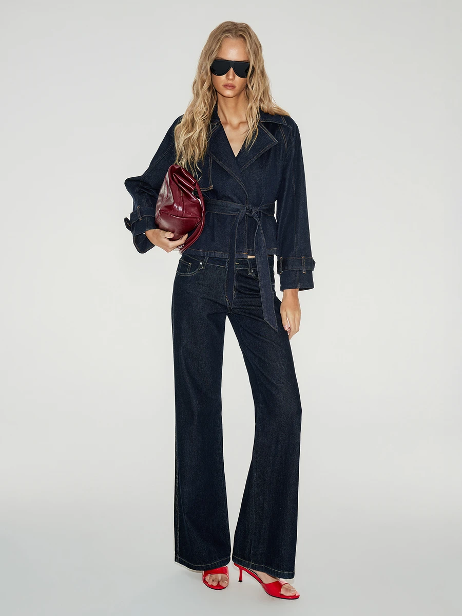 ATUI Studio Women's Casual Elegant Streetwear Versatile Daily Denim Jacket With Waist Tie Everyday Fall - Dark Wash - View 1