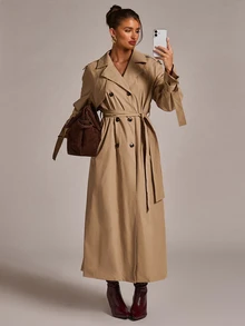 SHEIN BAE Women's Solid Color Double-Breasted Long Sleeve Casual Overcoat - Khaki - View 7