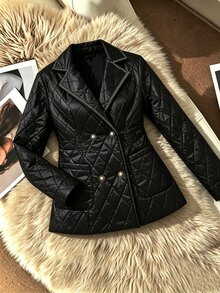 SHEIN Franclia Áo blazer nữ màu đen chần bông họa tiết kim cương có ve áo, phối ruy băng, cúc hai hàng ngọc trai tinh xảo, túi tiện dụng, dáng ôm tôn dáng, đa năng cho đi làm - màu đen - Xem 4