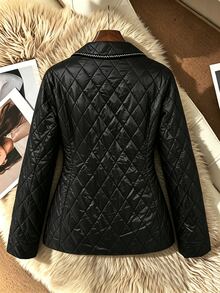 SHEIN Franclia Áo blazer nữ màu đen chần bông họa tiết kim cương có ve áo, phối ruy băng, cúc hai hàng ngọc trai tinh xảo, túi tiện dụng, dáng ôm tôn dáng, đa năng cho đi làm - màu đen - Xem 2