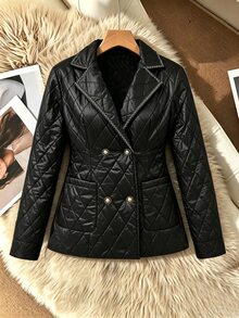 SHEIN Franclia Áo blazer nữ màu đen chần bông họa tiết kim cương có ve áo, phối ruy băng, cúc hai hàng ngọc trai tinh xảo, túi tiện dụng, dáng ôm tôn dáng, đa năng cho đi làm - màu đen - Xem 1