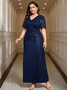 Reflora Plus Size Elegant Luxury Sequin Pleated Dress For Evening Party - Navy Blue - View 1