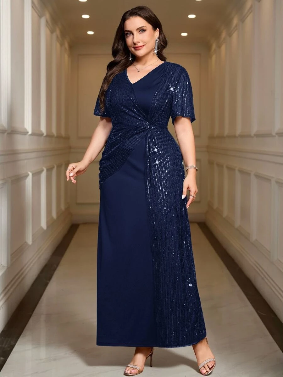 Reflora Plus Size Elegant Luxury Sequin Pleated Dress For Evening Party - Navy Blue - View 1
