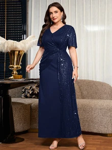 Reflora Plus Size Elegant Luxury Sequin Pleated Dress For Evening Party - Navy Blue - View 4