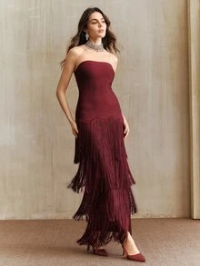 Anewsta Affair Women's Autumn/Winter New Heavily Embellished Rhinestone Multi-Layer Tassel Bandeau Dress, Christmas - Burgundy - View 4