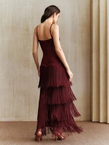 Anewsta Affair Women's Autumn/Winter New Heavily Embellished Rhinestone Multi-Layer Tassel Bandeau Dress, Christmas - Burgundy - View 6
