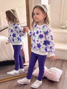 Elladie kids Girls Ombre Floral Print Long Sleeve Sweatshirt And Ribbed Leggings 2-Piece Outfit, Fashionable & Cute For Spring/Autumn - Mauve Purple - View 1