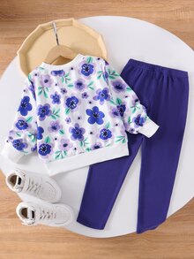 Elladie kids Girls Ombre Floral Print Long Sleeve Sweatshirt And Ribbed Leggings 2-Piece Outfit, Fashionable & Cute For Spring/Autumn - Mauve Purple - View 2