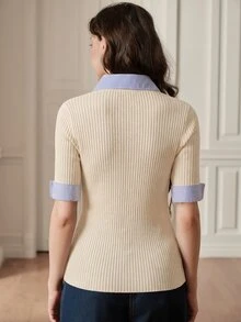 Anewsta 現代感 2 合 1 混搭舒適女款多功能灰色針織外套上衣 - 米色 - 查看 2