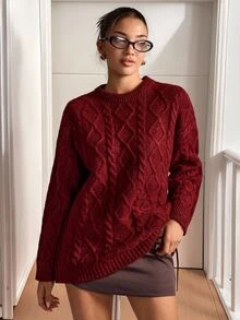 SHEIN Women's Diamond Cable Knit Long Sleeve Pullover Sweater - Burgundy - View 5