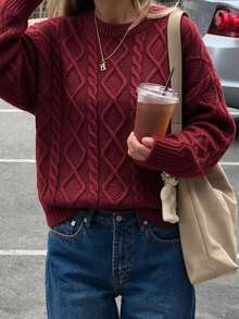 SHEIN Women's Diamond Cable Knit Long Sleeve Pullover Sweater - Burgundy - View 6
