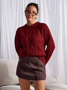 SHEIN Women's Diamond Cable Knit Long Sleeve Pullover Sweater - Burgundy - View 8