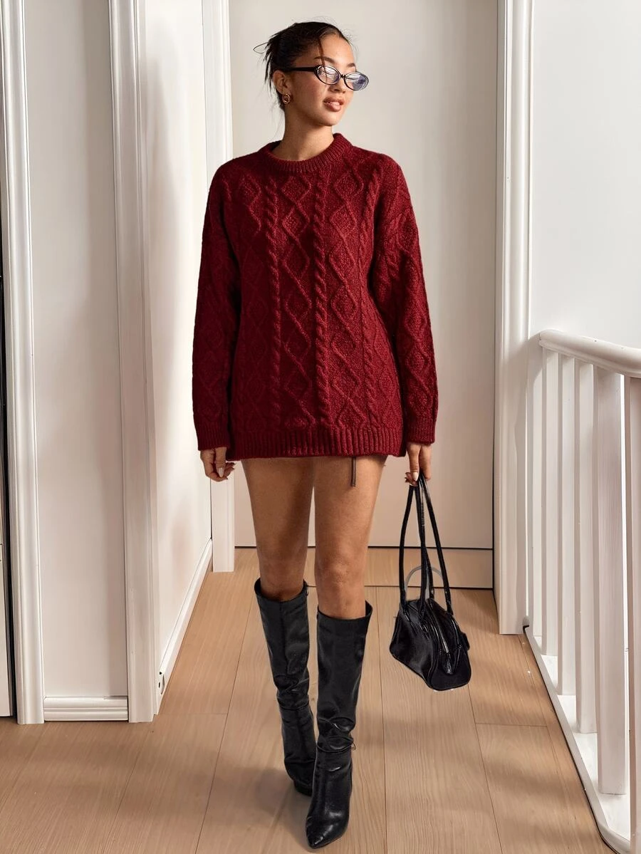 SHEIN Women's Diamond Cable Knit Long Sleeve Pullover Sweater