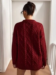 SHEIN Women's Diamond Cable Knit Long Sleeve Pullover Sweater - Burgundy - View 3