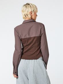 COUREZ 長袖雙層格紋襯衫附束腰 /Y2K可愛上衣 秋季穿搭 外出上衣 秋季服飾 秋季女裝 - 咖啡棕 - 查看 6