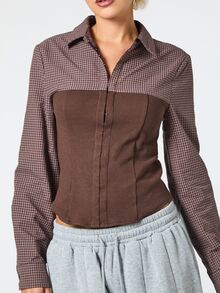 COUREZ 長袖雙層格紋襯衫附束腰 /Y2K可愛上衣 秋季穿搭 外出上衣 秋季服飾 秋季女裝 - 咖啡棕 - 查看 7