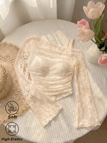 SHEIN MOD 白色露肩蕾絲二合一喇叭袖長袖女款上衣 - 杏色 - 查看 2