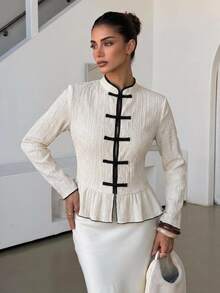Lavishia Chinese Style Contrast Color Frog Button Elegant Shirt - Apricot - View 1