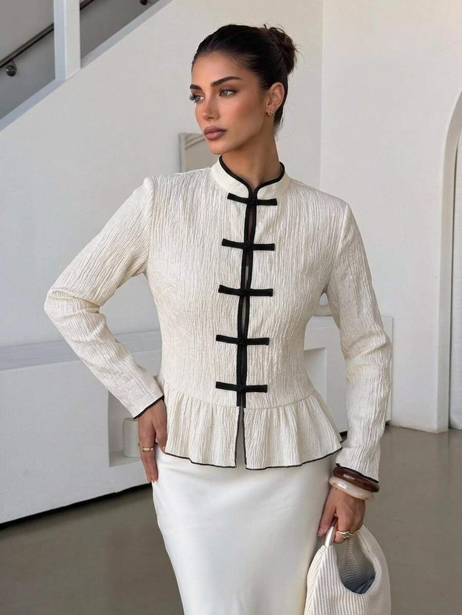 Lavishia Chinese Style Contrast Color Frog Button Elegant Shirt - Apricot - View 1