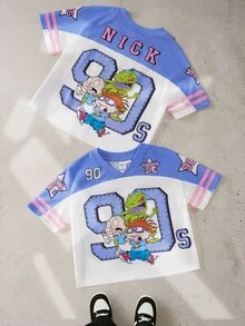 Nick 90s | SHEIN 1pc Casual Sports Style Young BoyShort Sleeve V-Neck T-Shirt, Comfortable Young BoyT-Shirt, NICK 90s Collab Design - Multicolor - View 2