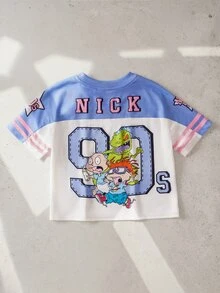 Nick 90s | SHEIN 1pc Casual Sports Style Young BoyShort Sleeve V-Neck T-Shirt, Comfortable Young BoyT-Shirt, NICK 90s Collab Design - Multicolor - View 3