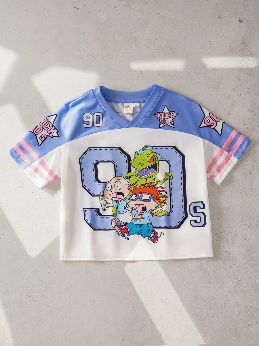 Nick 90s | SHEIN 1pc Casual Sports Style Young BoyShort Sleeve V-Neck T-Shirt, Comfortable Young BoyT-Shirt, NICK 90s Collab Design - Multicolor - View 1