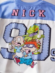 Nick 90s | SHEIN 1pc Casual Sports Style Young BoyShort Sleeve V-Neck T-Shirt, Comfortable Young BoyT-Shirt, NICK 90s Collab Design - Multicolor - View 6