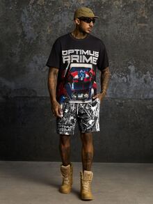Transformers X SHEIN Set Kasual Pria untuk Sehari-hari: Kaos Lengan Pendek dan Celana Pendek dengan Motif Huruf - Hitam - View 1