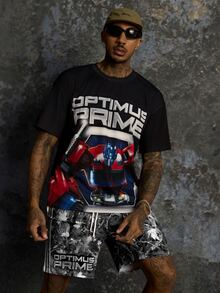 Transformers X SHEIN Set Kasual Pria untuk Sehari-hari: Kaos Lengan Pendek dan Celana Pendek dengan Motif Huruf - Hitam - View 3
