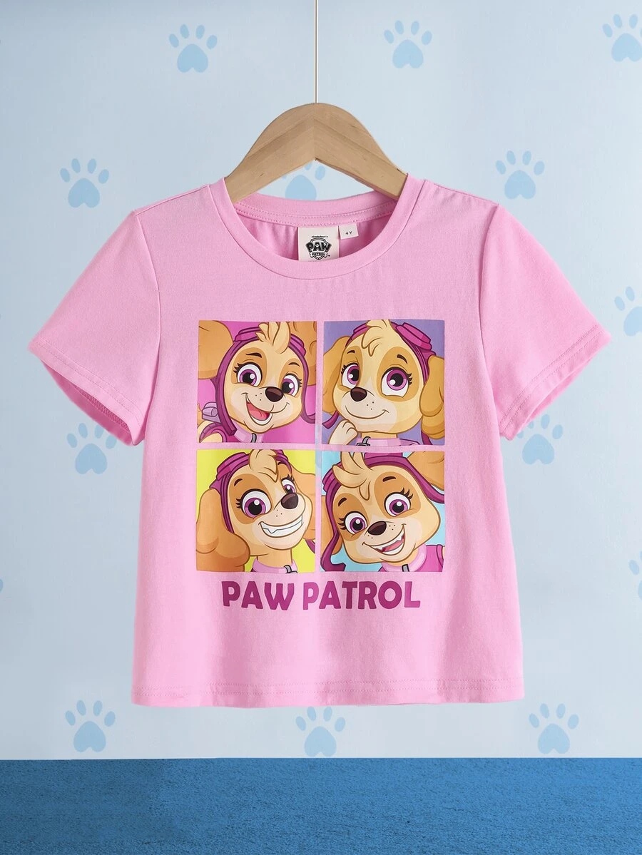 SHEIN | PAW Patrol Young Girl Round Neck Letter Cartoon Print Casual Daily Short Sleeve T-Shirt - Pink - View 1