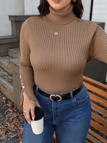 SHEIN LUNE Plus Size Women's Pullover Sweater, High Neck, Slim Fit, Elastic, Versatile Base Layer, Casual Elegant Daily Wear, Autumn/Winter Office Formal Brown - Camel - View 4
