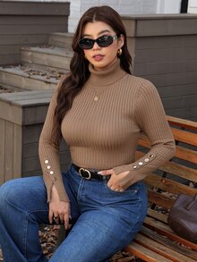 SHEIN LUNE Plus Size Women's Pullover Sweater, High Neck, Slim Fit, Elastic, Versatile Base Layer, Casual Elegant Daily Wear, Autumn/Winter Office Formal Brown - Camel - View 5