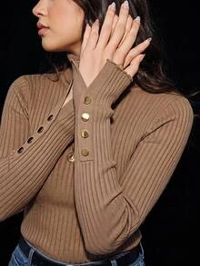 SHEIN LUNE Plus Size Women's Pullover Sweater, High Neck, Slim Fit, Elastic, Versatile Base Layer, Casual Elegant Daily Wear, Autumn/Winter Office Formal Brown - Camel - View 2