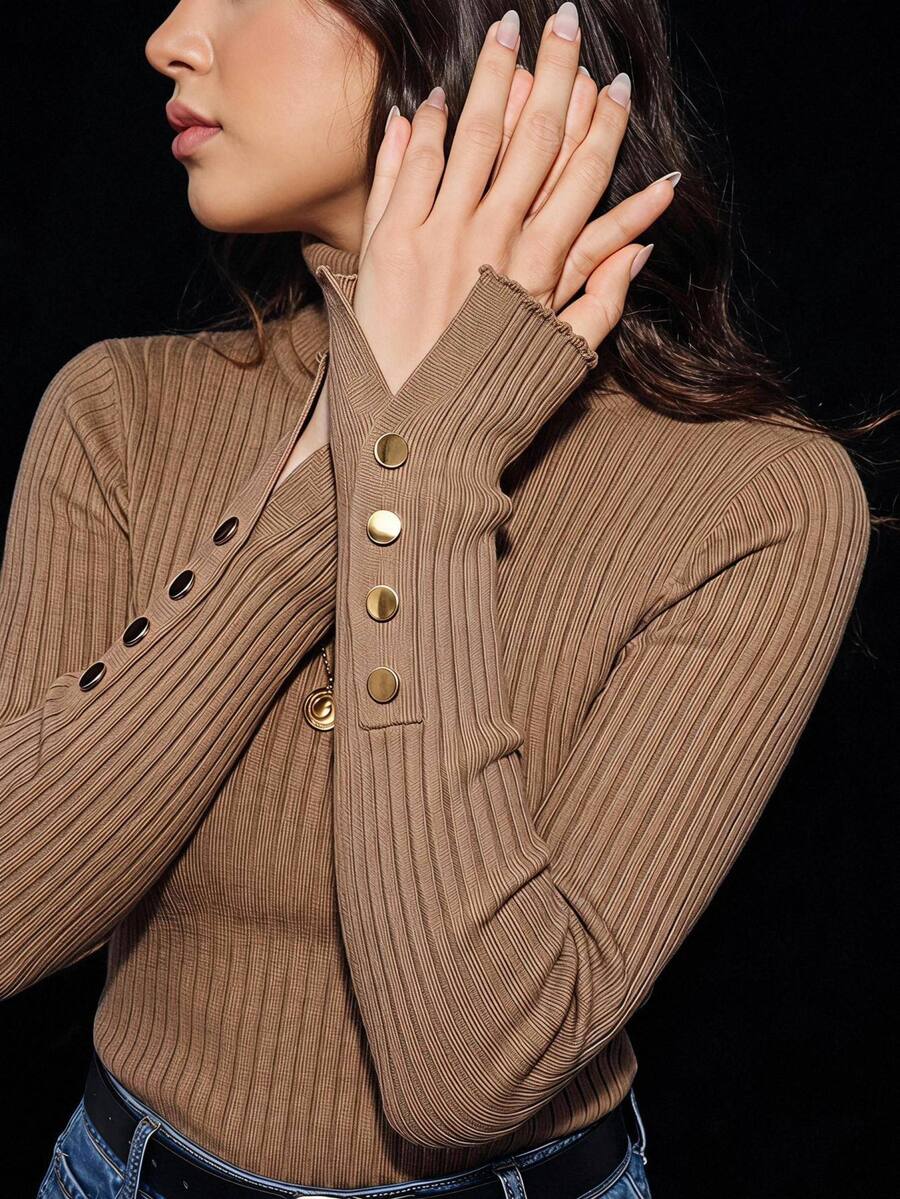 SHEIN LUNE Plus Size Women's Pullover Sweater, High Neck, Slim Fit, Elastic, Versatile Base Layer, Casual Elegant Daily Wear, Autumn/Winter Office Formal Brown