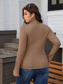 SHEIN LUNE Plus Size Women's Pullover Sweater, High Neck, Slim Fit, Elastic, Versatile Base Layer, Casual Elegant Daily Wear, Autumn/Winter Office Formal Brown - Camel - View 3