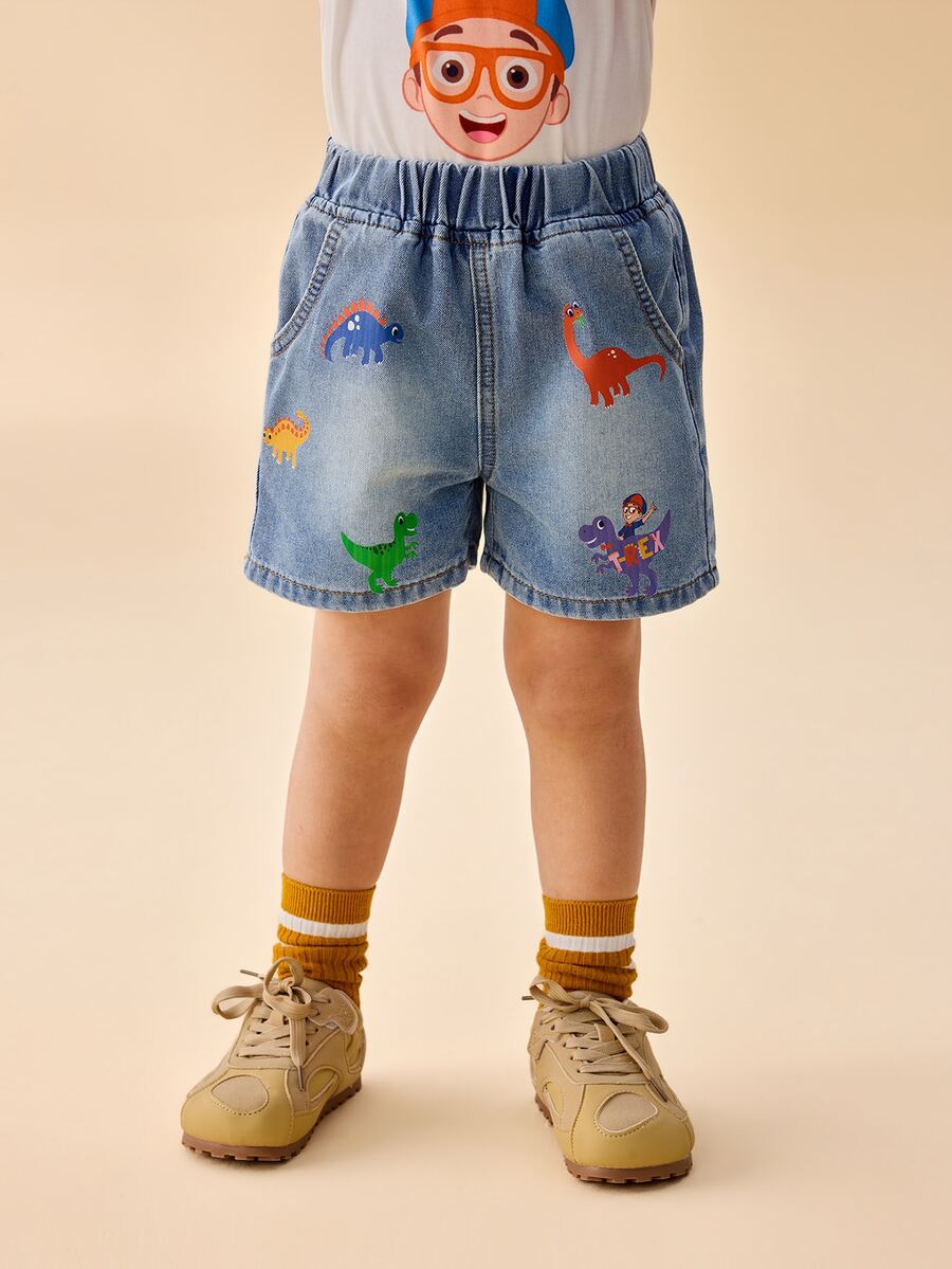 Blippi X SHEIN Young Boy Printed Casual Denim Shorts - Blue - View 1