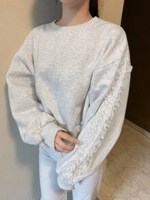 FRIFUL Women's Solid Color Round Neck Patchwork Frill Trim Drop Shoulder Long Sleeve Casual Cute Sweatshirt Everyday School Light Grey Autumn - Grey - View 7