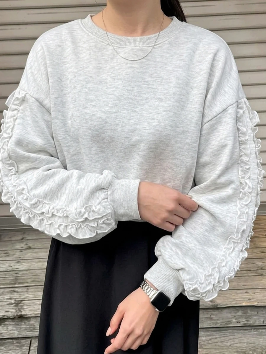 FRIFUL Women's Solid Color Round Neck Patchwork Frill Trim Drop Shoulder Long Sleeve Casual Cute Sweatshirt Everyday School Light Grey Autumn - Grey - View 1