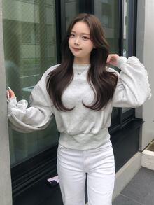 FRIFUL Women's Solid Color Round Neck Patchwork Frill Trim Drop Shoulder Long Sleeve Casual Cute Sweatshirt Everyday School Light Grey Autumn - Grey - View 1