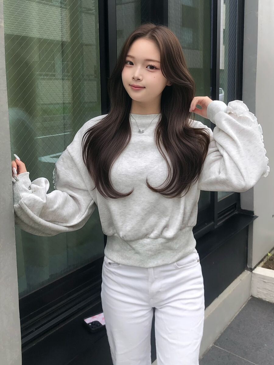 FRIFUL Women's Solid Color Round Neck Patchwork Frill Trim Drop Shoulder Long Sleeve Casual Cute Sweatshirt Everyday School Light Grey Autumn - Grey - View 1