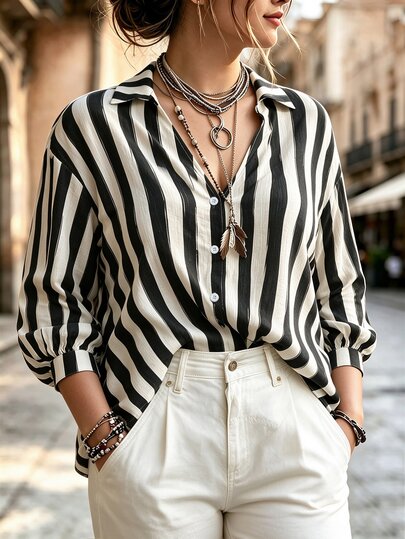 Weeklong Camisa formal de mujer talla grande 2026 otoño a rayas holgada manga larga casual boho para uso diario oficina vacaciones invitada de boda hogar y calle en blanco y negro