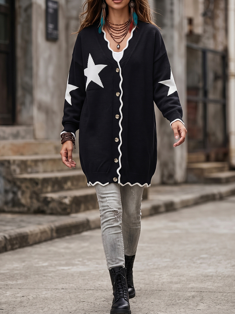 GlowEve CURVE Plus Size Women's Knitted Thick Autumn/Winter Cardigan, Jacquard Five-Point Star & Wavy Edge, Black & White Colorblock, Minimalist Fashion V-Neck Versatile Open Front - Black and White - View 10