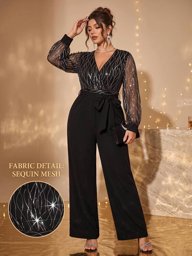 Cravure Elegant Fashionable Comfortable Random Sequin Embroidered Plus Size Women's Jumpsuit For Party - Black - View 1