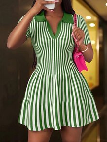 Slaydiva 2025 New Summer Elegant Party & Shopping Exquisite Polo Collar Striped Knit Mini Dress - A - Green - View 6