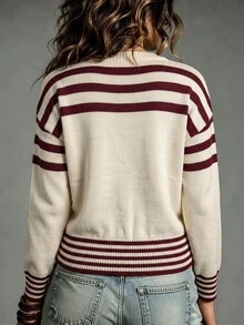 SHEIN Casual Round Neck Long Sleeve Contrast Stripe Top ,Women Fall Winter Sweater,Night Out Outfit,New Year,Christmas, Halloween,Fall Winter 2026,Burgundy - Multicolor - View 2